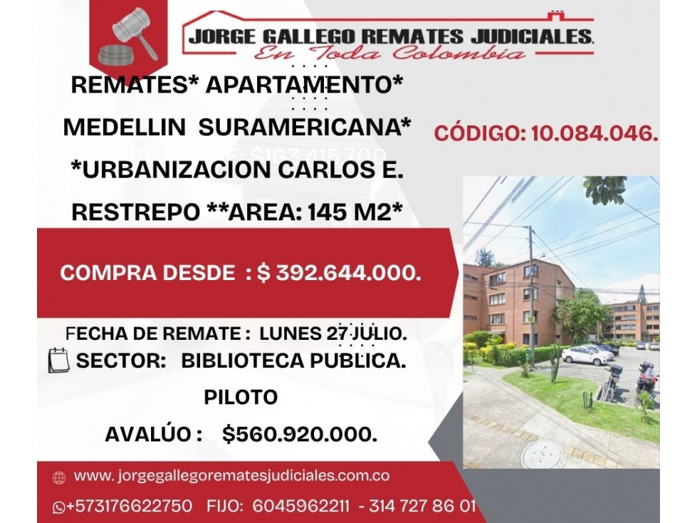REMATES* APARTAMENTO + GARAJE* MEDELLIN SURAMERICANA *AREA: 145 M2*