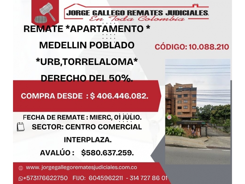REMATE *APARTAMENTO * MEDELLIN POBLADO.*URB,TORRELALOMA