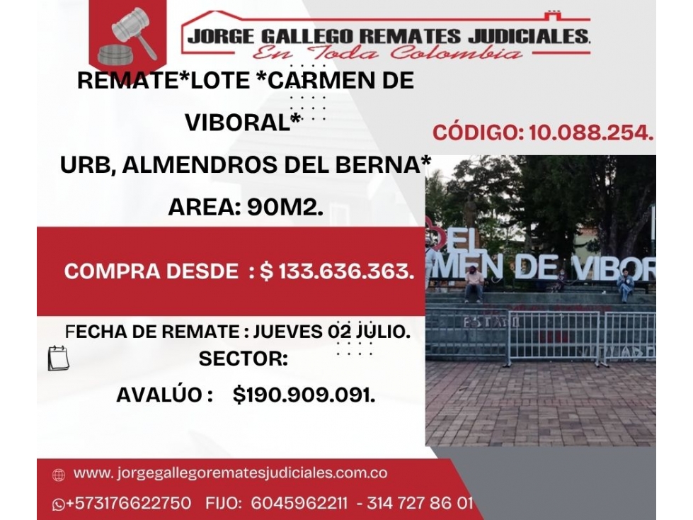 REMATE*LOTE *CARMEN DE VIBORAL* URB, ALMENDROS DEL BERNA* AREA: 90M2.