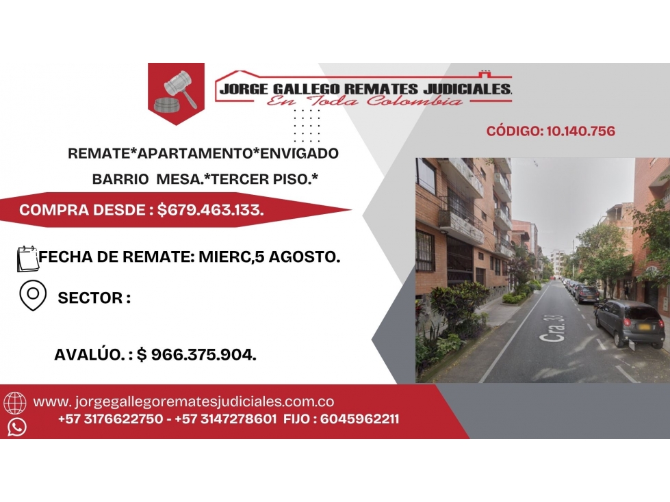 REMATE*APARTAMENTO*ENVIGADO BARRIO MESA.*TERCER PISO.*