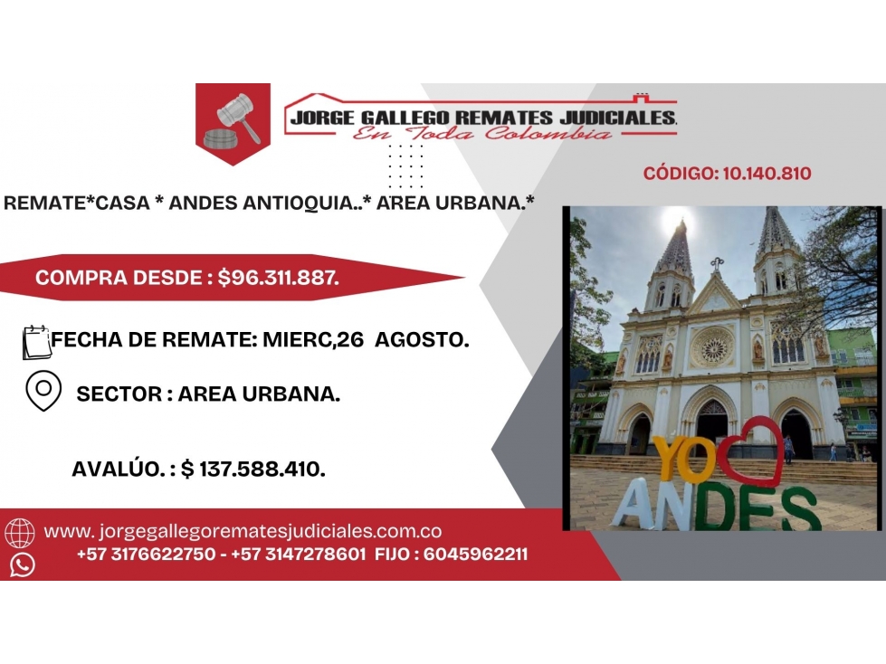 REMATE*CASA * ANDES ANTIOQUIA..* AREA URBANA.*