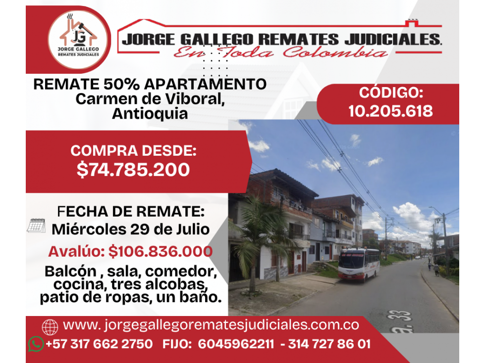 REMATE 50% APARTAMENTO (87.00 M2) CARMEN DE VIBORAL, ANTIOQUIA
