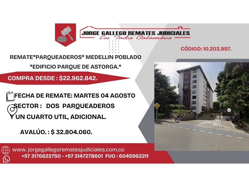 REMATE*PARQUEADEROS* MEDELLIN POBLADO *EDIFICIO PARQUE DE ASTORGA.* - 1
