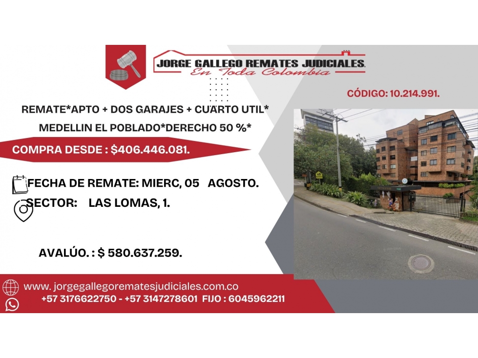 REMATE*APTO + DOS GARAJES+ UTIL* MEDELLIN EL POBLADO.DERECHO 50 %*