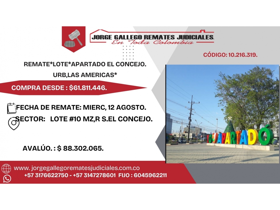 REMATE*LOTE*APARTADO EL CONCEJO.URB,LAS AMERICAS* - 1