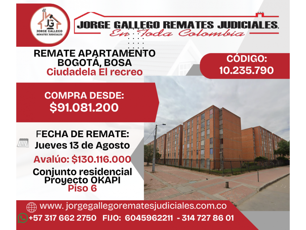 REMATE APARTAMENTO BOGOTÁ, BOSA, Ciudadela el Recreo