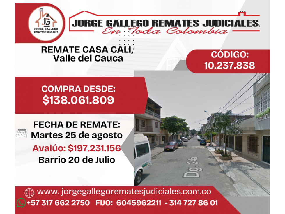 2026-08-25 REMATE CASA CALI, VALLE, Barrio 20 de Julio.