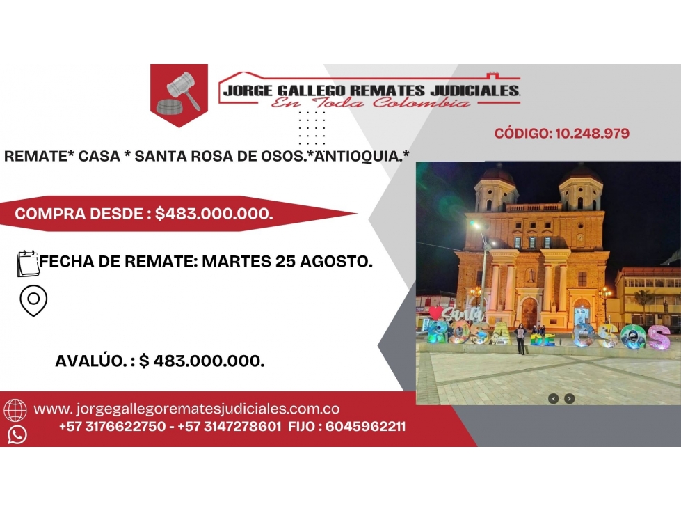 REMATE* CASA * SANTA ROSA DE OSOS.*ANTIOQUIA.*