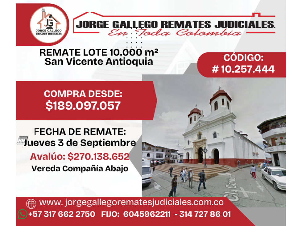 REMATE FINCA 10.000 m² SAN VICENTE Antioquia, vereda Compañía Abajo