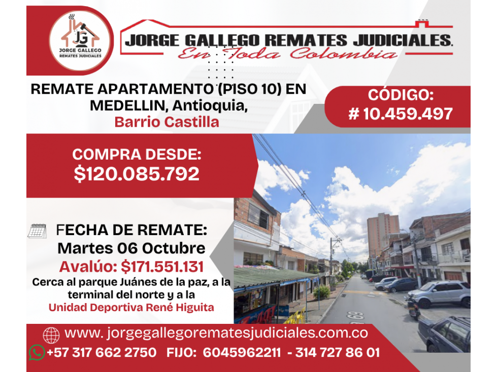 REMATE APARTAMENTO (PISO 10) EN MEDELLIN, Antioquia, Barrio Castilla