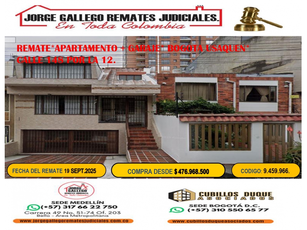 REMATE*APARTAMENTO + GARAJE* BOGOTA USAQUEN*