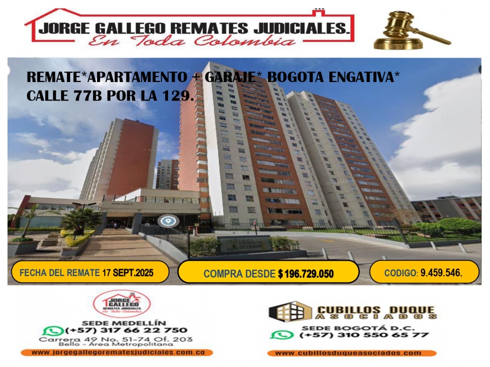 REMATE*APARTAMENTO + GARAJE* BOGOTA ENGATIVA*
