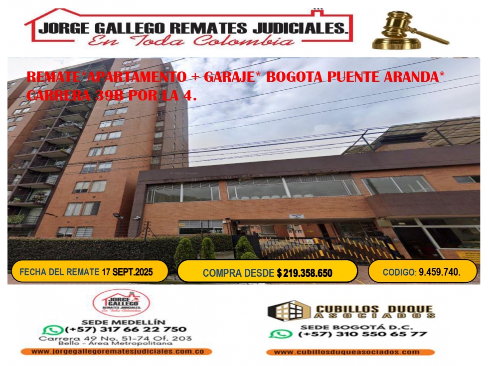 REMATE*APARTAMENTO + GARAJE* BOGOTA PUENTE ARANDA*