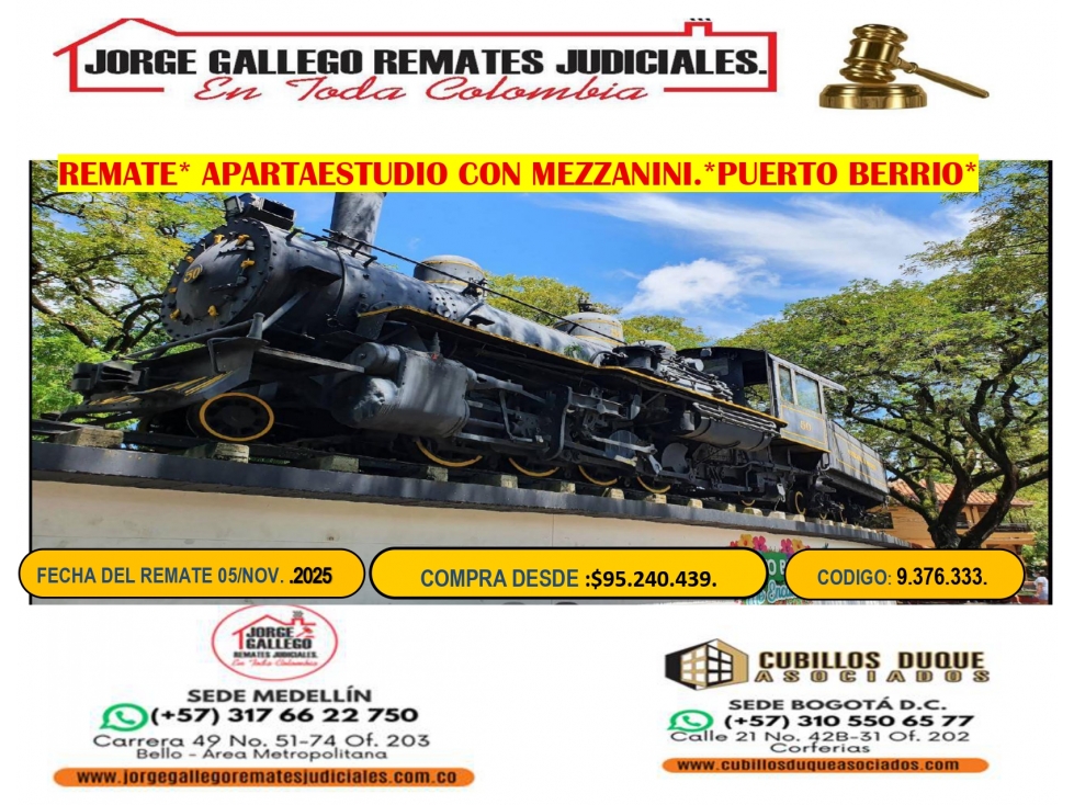 REMATE*APARTAESTUDIO*PUERTO BERRIO*CON MEZZANINI*