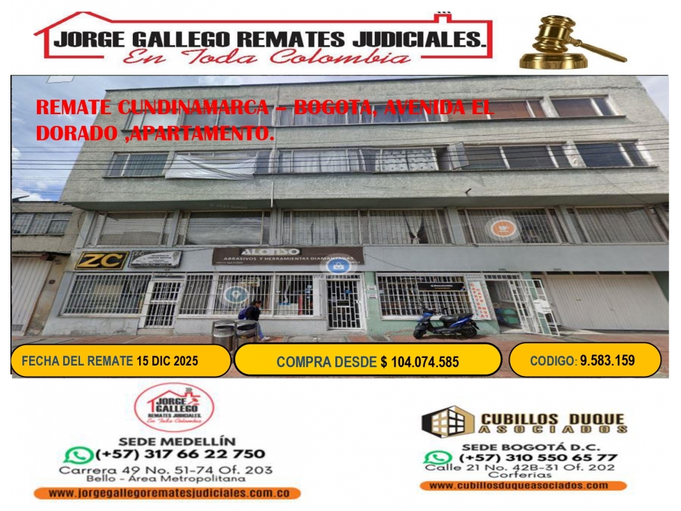 REMATE CUNDINAMARCA BOGOTA, AVENIDA EL DORADO ,APARTAMENTO.