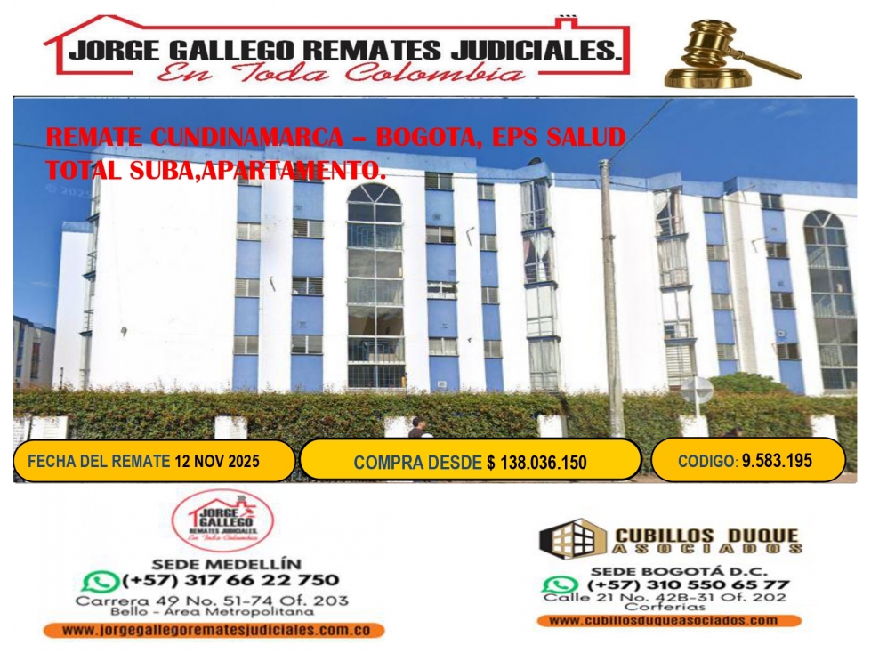 REMATE CUNDINAMARCA BOGOTA, EPS SALUD TOTAL SUBA,APARTAMENTO.