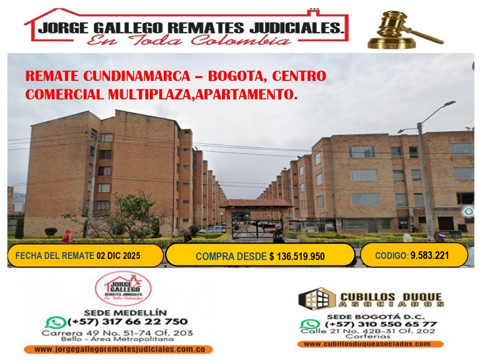 REMATE CUNDINAMARCA BOGOTA, CENTRO COMERCIAL MULTIPLAZA,APARTAMENTO.