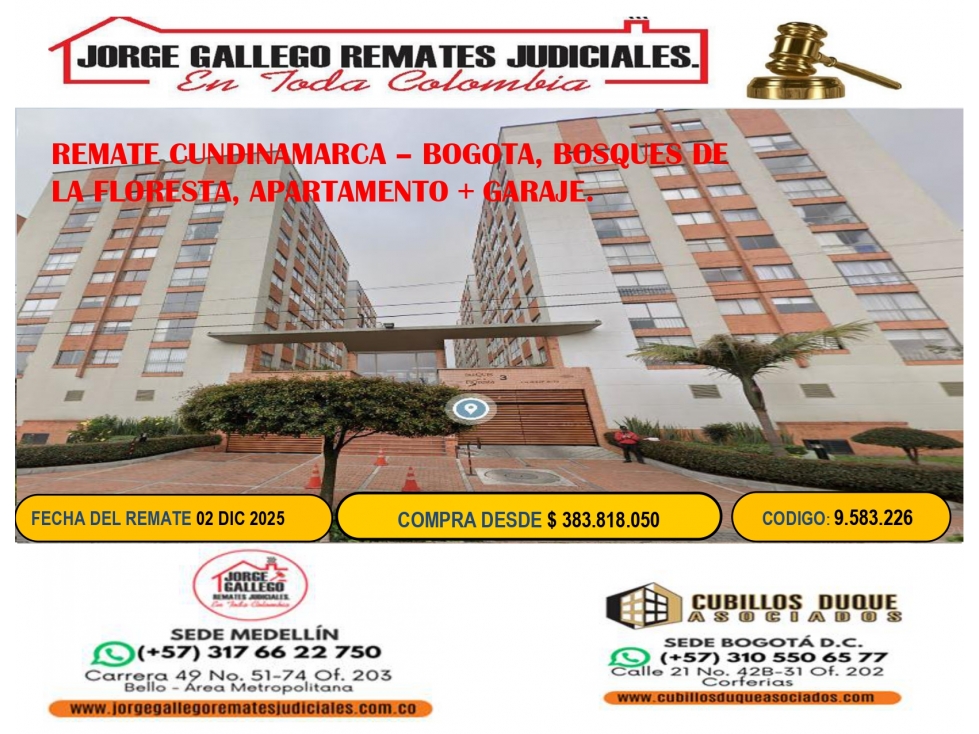REMATE BOGOTA, BOSQUES DE LA FLORESTA, APARTAMENTO + GARAJE.