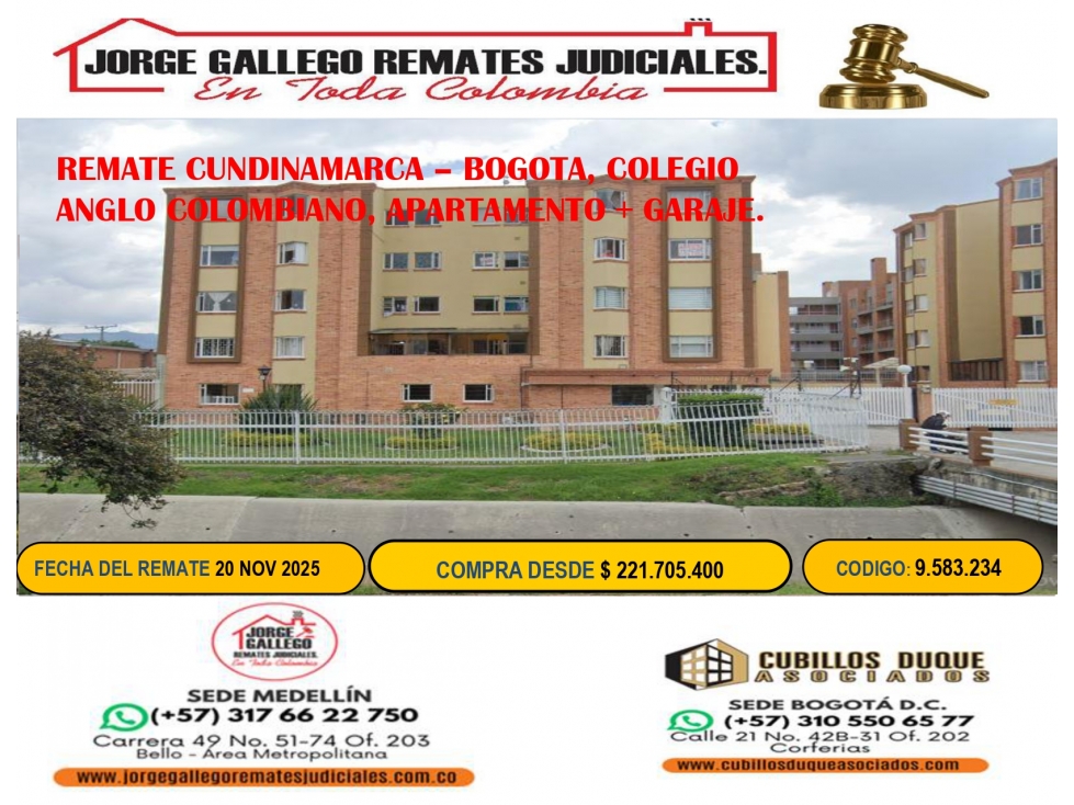 REMATE BOGOTA, COLEGIO ANGLO COLOMBIANO, APARTAMENTO + GARAJE.