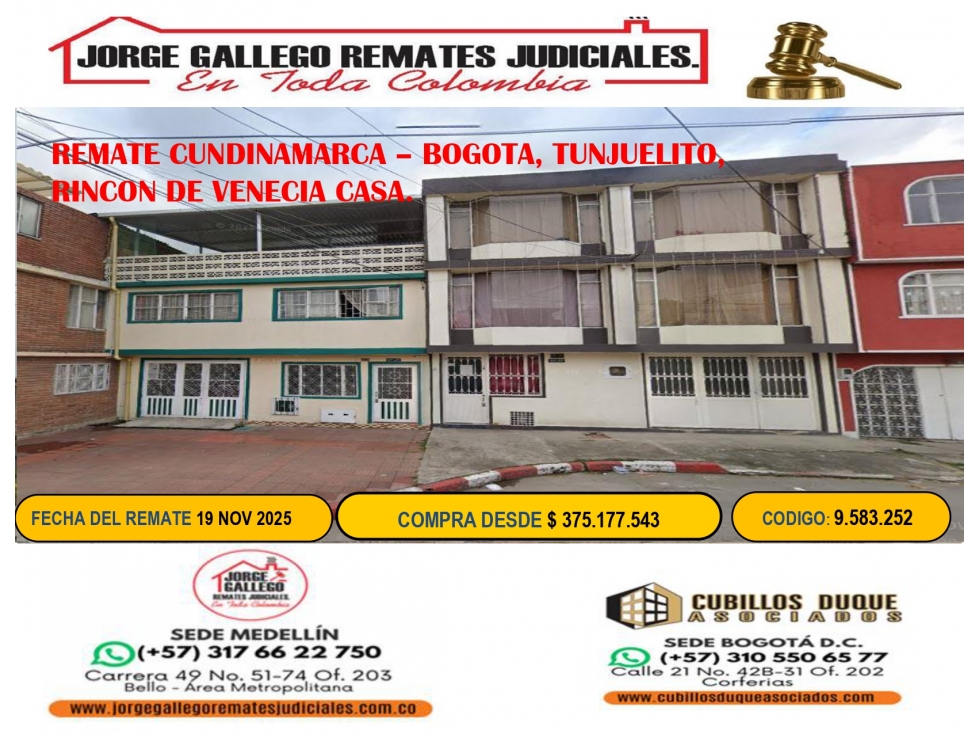 REMATE CUNDINAMARCA BOGOTA, TUNJUELITO, RINCON DE VENECIA CASA