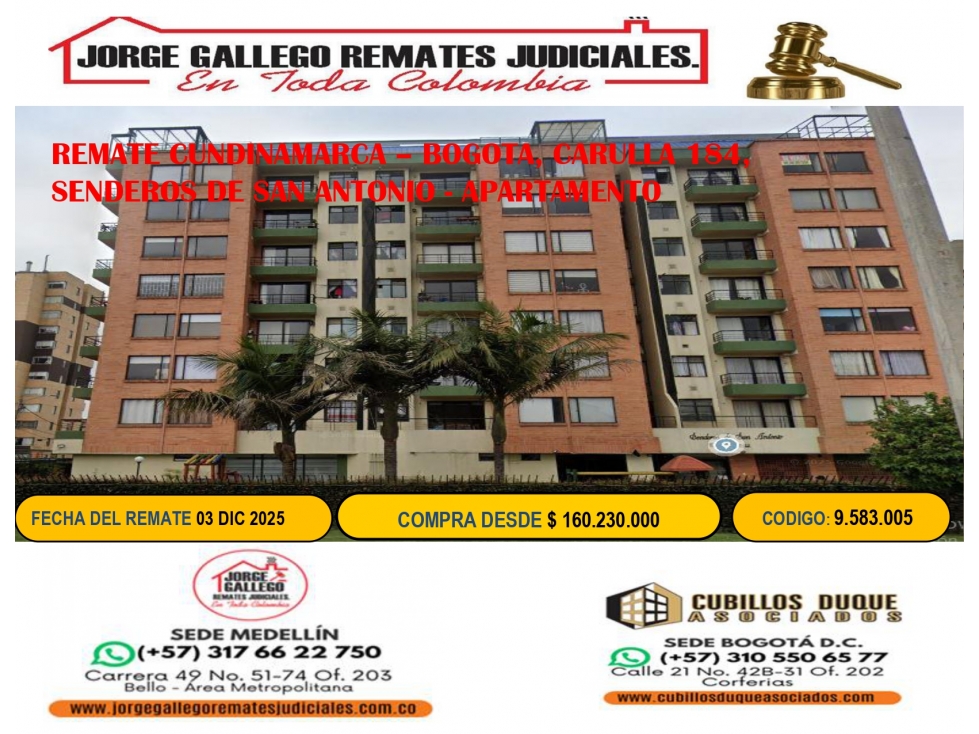 REMATE BOGOTA, CARULLA 184, SENDEROS SAN ANTONIO APARTAMENTO