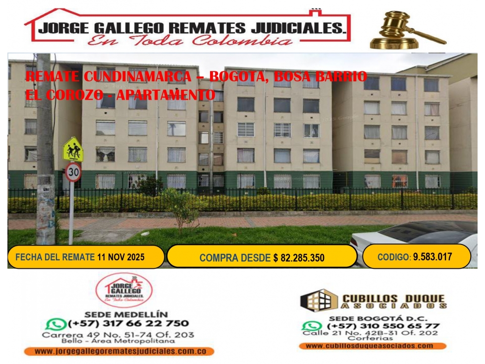 REMATE CUNDINAMARCA BOGOTA, BOSA BARRIO EL COROZO - APARTAMENTO