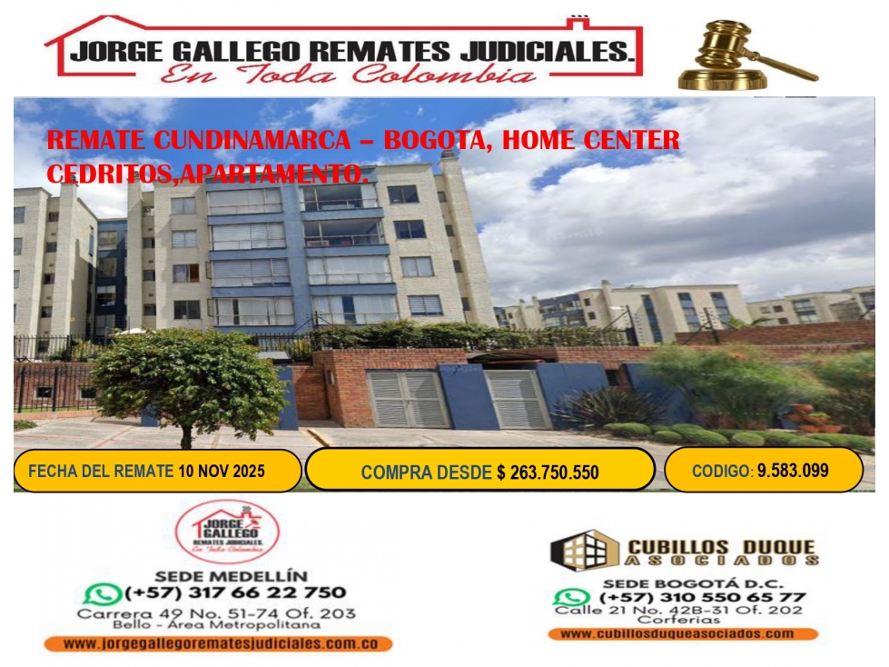 REMATE CUNDINAMARCA BOGOTA, HOME CENTER CEDRITOS,APARTAMENTO.
