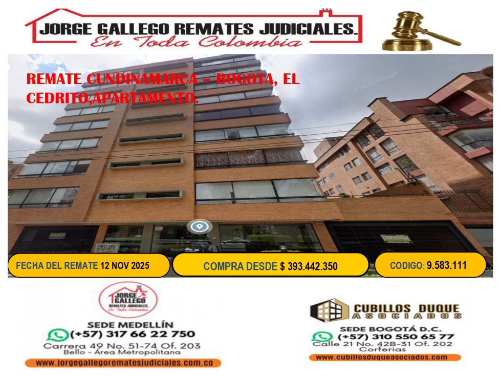 REMATE CUNDINAMARCA BOGOTA, EL CEDRITO,APARTAMENTO.