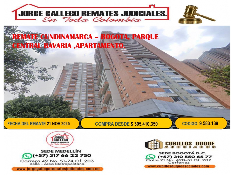 REMATE CUNDINAMARCA BOGOTA, PARQUE CENTRAL BAVARIA ,APARTAMENTO.