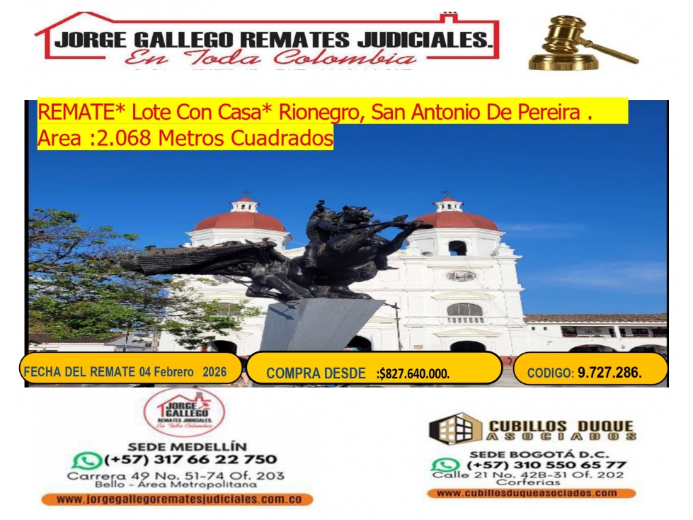 Remate*Lote Con Casa* Rionegro Corregimiento San Antonio.