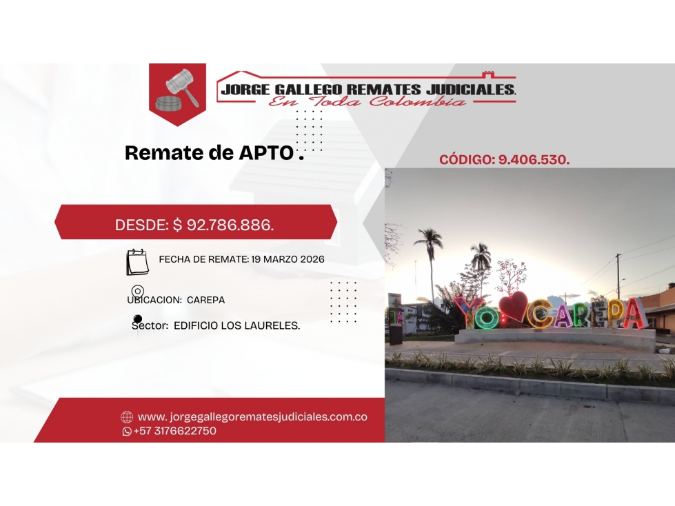 REMATE *APTO* CAREPA EL CONSUELO.