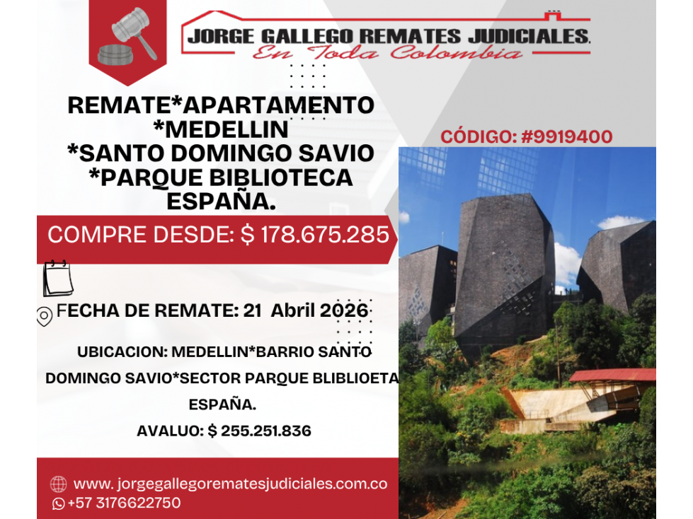 REMATE*APTO *MEDELLIN *SANTO DOMINGO SAVIO *PARQUE BIBLIOTECA ESPAÑA.
