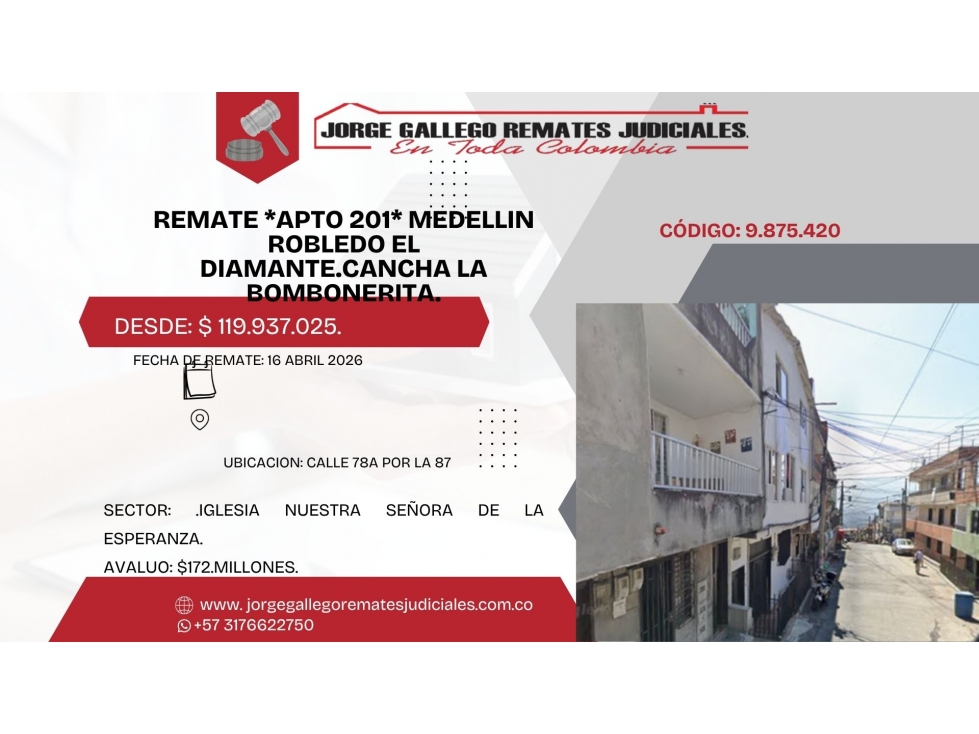 REMATE *APTO 201* MEDELLIN ROBLEDO EL DIAMANTE.CANCHA LA BOMBONERITA.