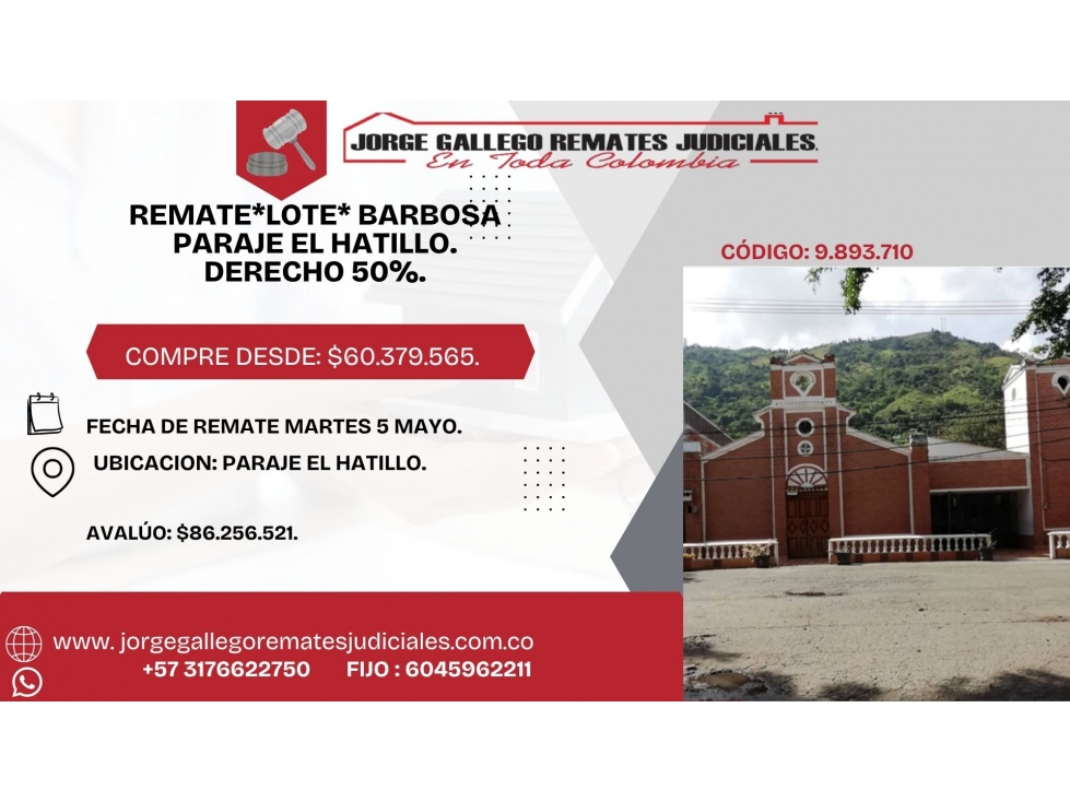 REMATE*LOTE* BARBOSA PARAJE EL HATILLO.DERECHO 50%.