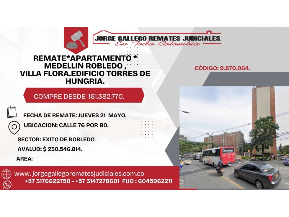 REMATE*APARTAMENTO * MEDELLIN ROBLEDO.EDIFICIO TORRES DE HUNGRIA.