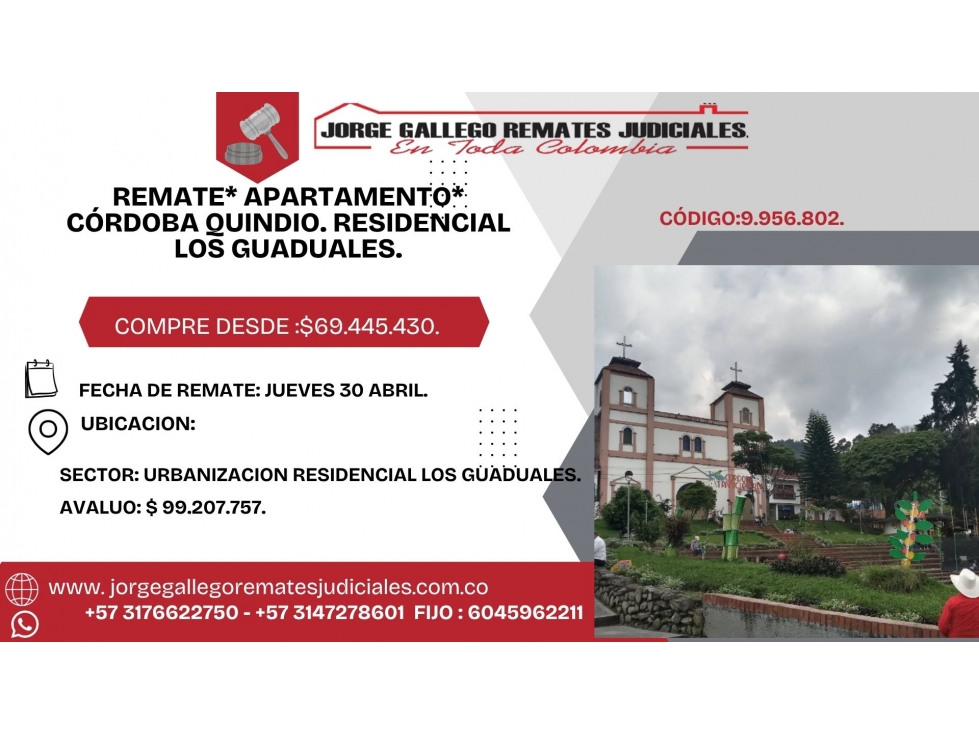 REMATE* APARTAMENTO* CÓRDOBA QUINDIO. RESIDENCIAL LOS GUADUALES.