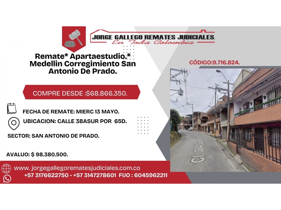 Remate* Apartaestudio.* Medellin Corregimiento San Antonio De Prado.
