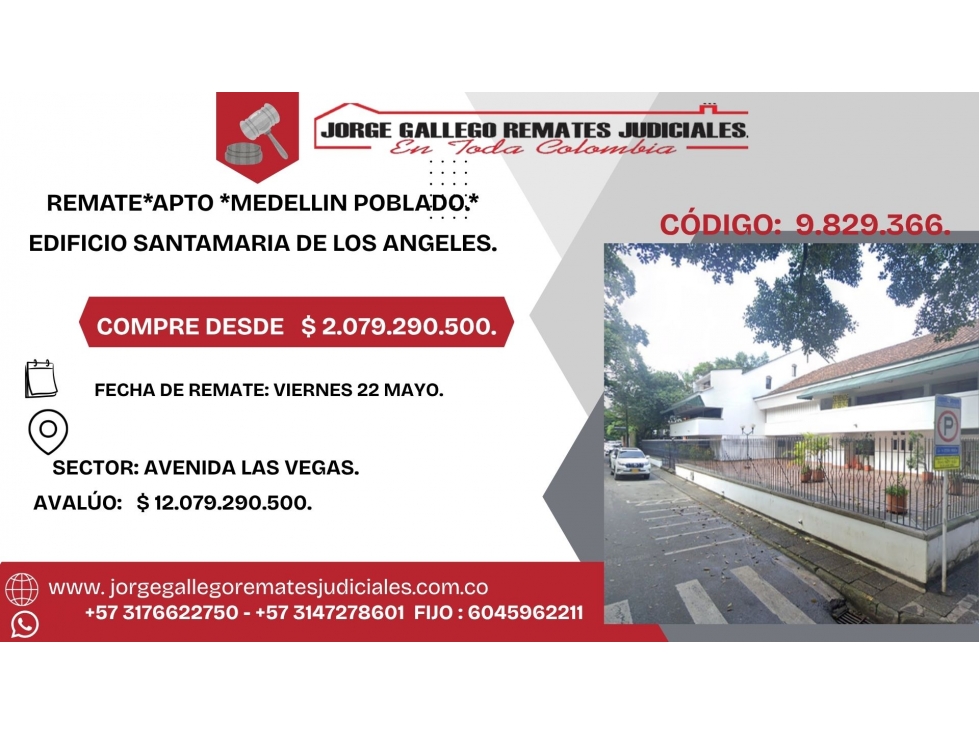 REMATE*APTO *MEDELLIN POBLADO.*EDIFICIO SANTAMARIA DE LOS ANGELES.