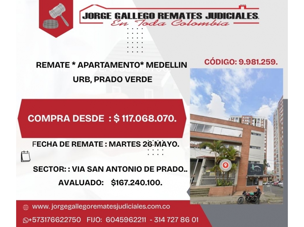 REMATE * APARTAMENTO* MEDELLIN URB, PRADO VERDE.