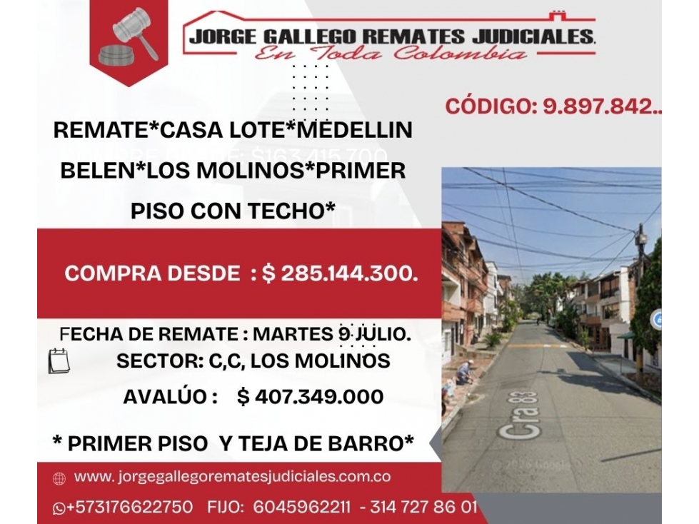 REMATE*CASA LOTE*MEDELLIN BELEN*LOS MOLINOS*PRIMER PISO CON TECHO*