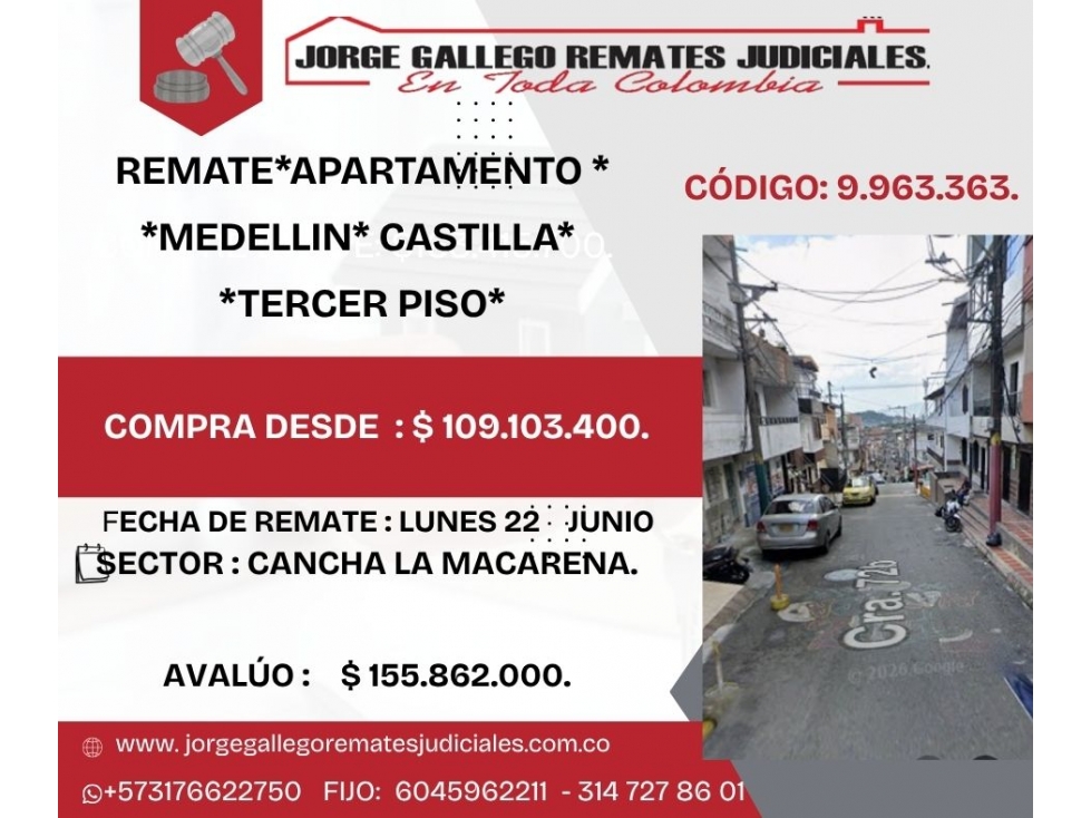 REMATE*APARTAMENTO * MEDELLIN* CASTILLA* TERCER PISO*