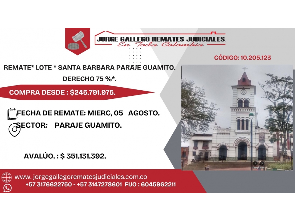 REMATE* LOTE * SANTA BARBARA PARAJE GUAMITO.DERECHO 75 %*
