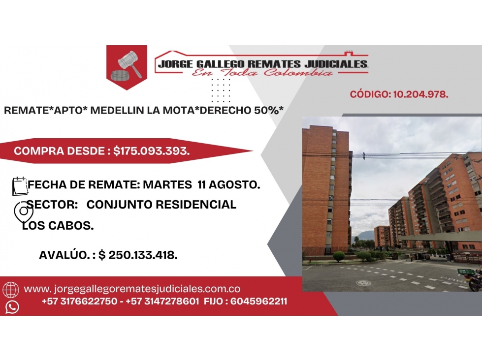 REMATE*APTO* MEDELLIN LA MOTA*DERECHO 50%*