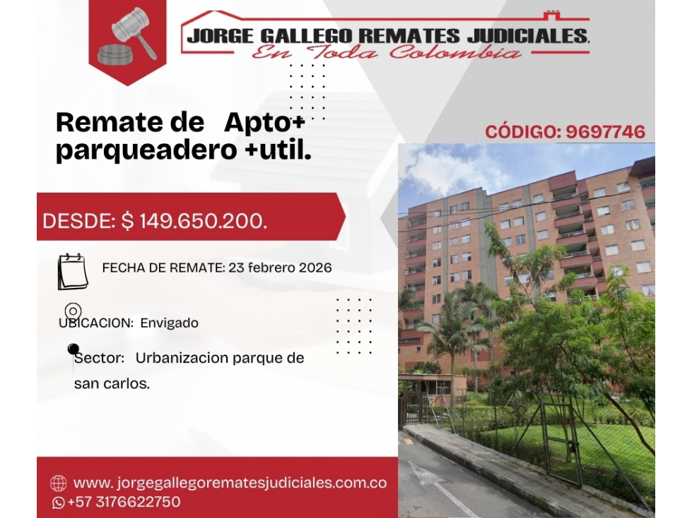 Remate* Apto+parqueadero+cuarto util* SanCarlos antioquia.