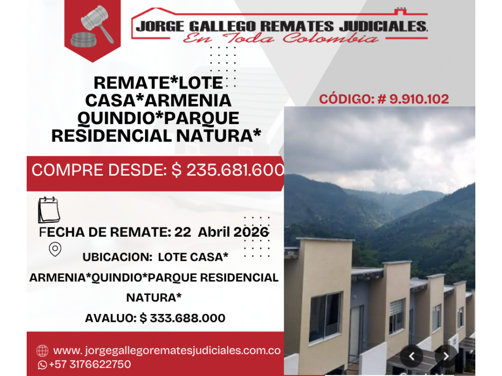 REMATE*LOTE CASA*ARMENIA QUINDIO*PARQUE RESIDENCIAL NATURA*