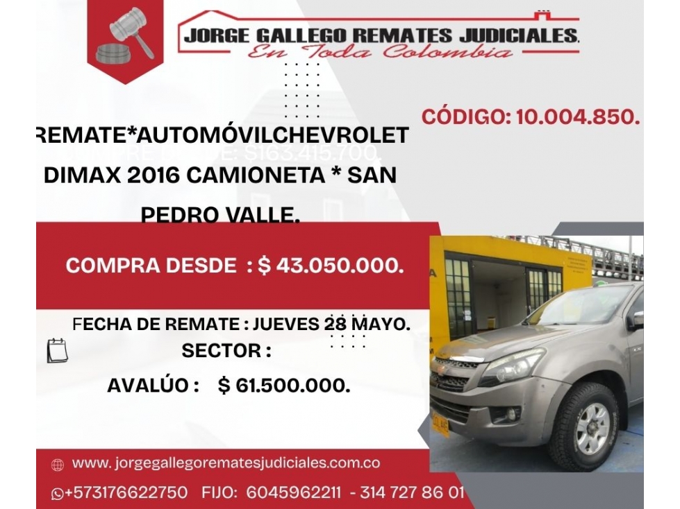 REMATE*AUTOMÓVIL CHEVROLET DIMAX 2016 CAMIONETA * SAN PEDRO VALLE. - 1