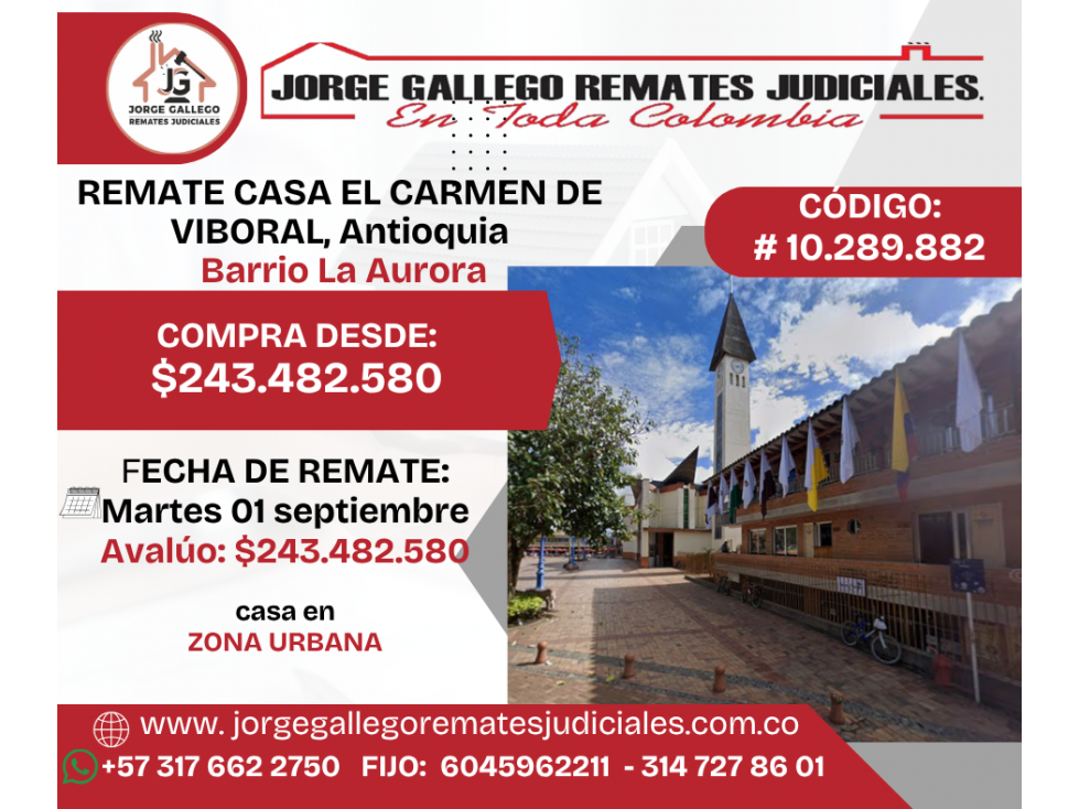 REMATE CASA EL CARMEN DE VIBORAL, Antioquia, Barrio La Aurora