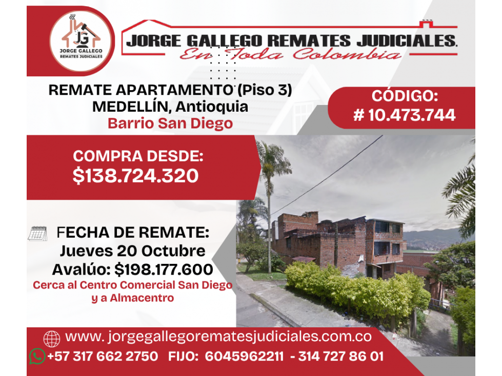 REMATE APARTAMENTO (Piso 3) MEDELLÍN, Barrio San Diego