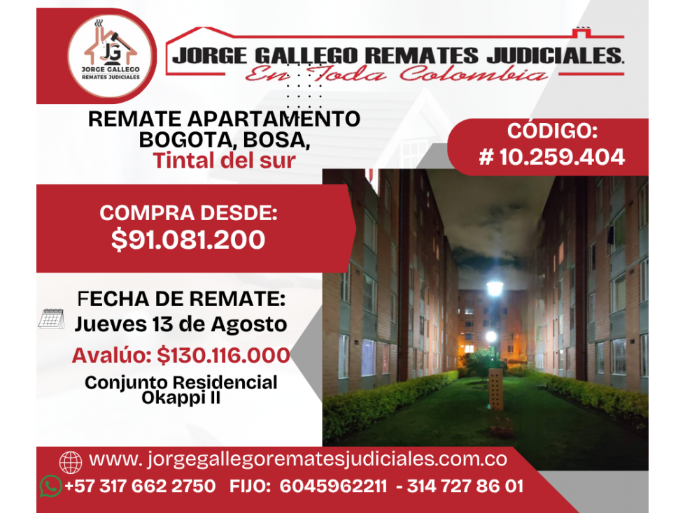REMATE APARTAMENTO BOGOTA, BOSA, Tintal de sur