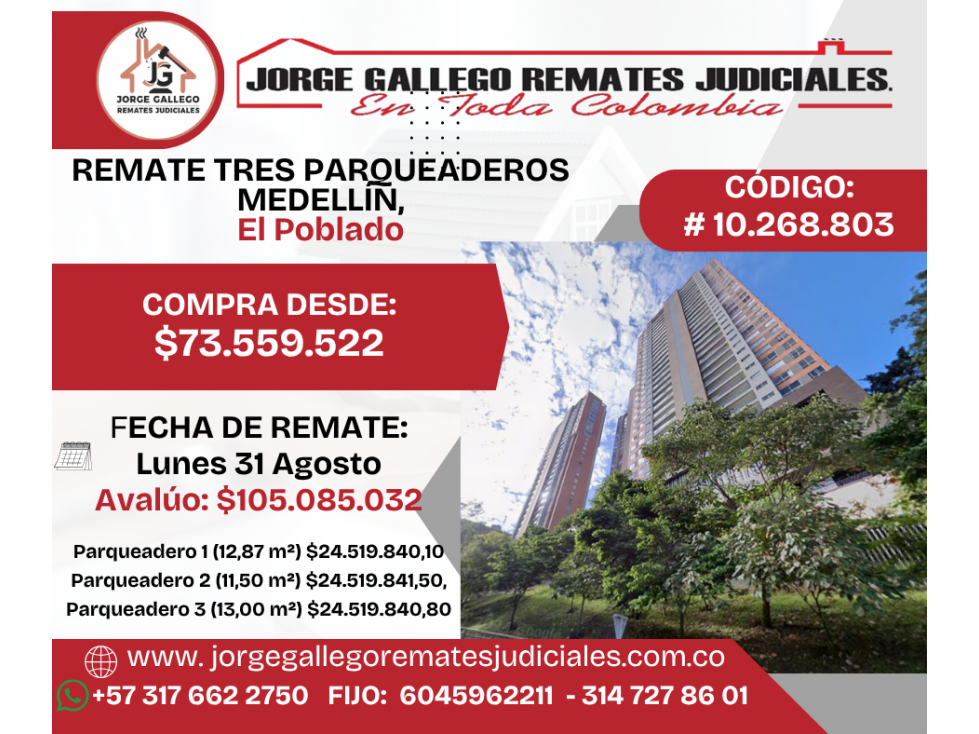 REMATE TRES PARQUEADEROS MEDELLÍN, El Poblado
